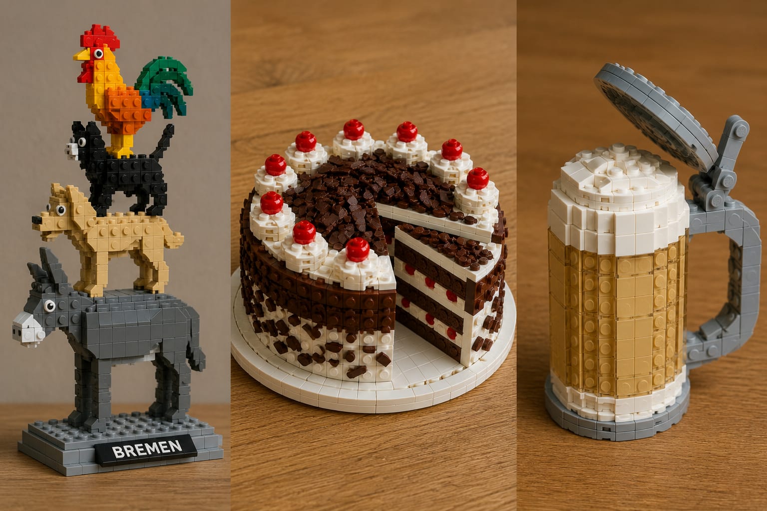 Drei Klemmbaustein-Modelle nebeneinander: Bremer Stadtmusikanten, Schwarzwälder Kirschtorte und ein Maßkrug